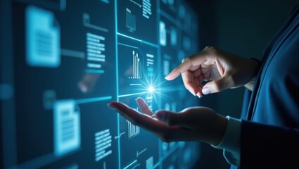 Las manos femeninas hacen un gesto deliberadamente sobre una pantalla táctil transparente, brillante y futurista