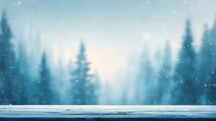 Snowfall winter forest with wooden table and cold pine tree frost nature outdoor background - Powered by Adobe