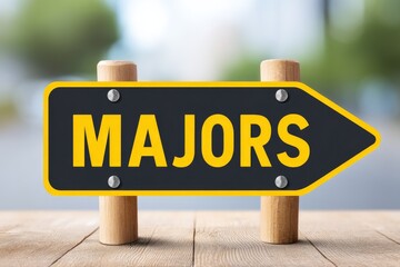 Road Sign Cutout Indicating Direction to Academic Majors at a College Campus During Daytime