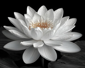 Serene dew-kissed white water lily blossom, elegantly poised on dark water. Black and white photography with a hint of color in the center.