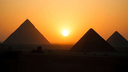 Beautiful sunset behind several pyramids in Egypt