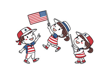 Cartoon Vector of Cute Kids Waving USA Flags in Red, White, and Blue Outfits