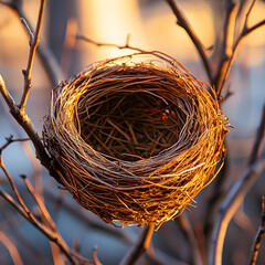 A meticulously crafted bird's nest, nestled in a bare tree branch, bathed in the warm glow of golden hour sunlight.  This image evokes feelings of tranquility and the beauty of nature.