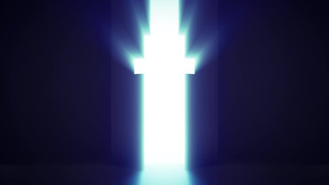 Large opening and closed gate or door with christian symbol of cross. Entrance or exit in church. Shining bright light in dark room. 3d animation.