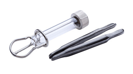 A precision tool with tweezers and a glass container for industrial use, isolated on a white background.