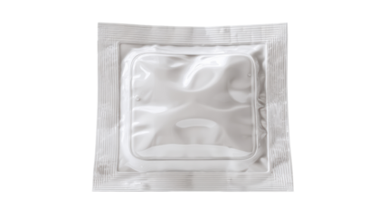 A sealed white condom wrapper on a transparent background for safe sex education.