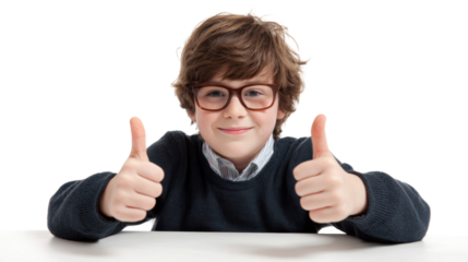 A smiling boy with glasses giving two thumbs up, expressing joy and positivity on a white isolated background.