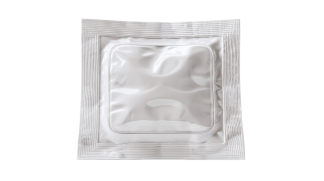 A sealed white condom wrapper on a transparent background for safe sex education.
