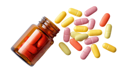 Assorted colorful capsules spilled from a brown pill bottle on a white isolated background.