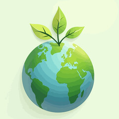 Stylized globe with green continents and blue oceans, topped with a sprouting plant with three leaves.