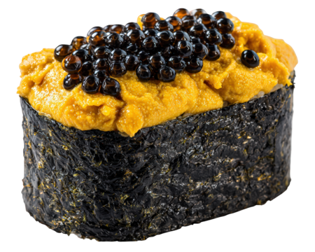 Seaweed rice sea urchin salmon roe seafood Japanese cuisine fresh gourmet isolated delicious sushi with creamy sea urchin and glossy salmon roe rice wrapped seaweed evoking luxury and indulgence - Powered by Adobe