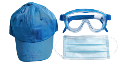 Blue cap, goggles, and mask for water sports, isolated on a white background.