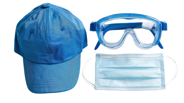 Blue cap, goggles, and mask for water sports, isolated on a white background. - Powered by Adobe