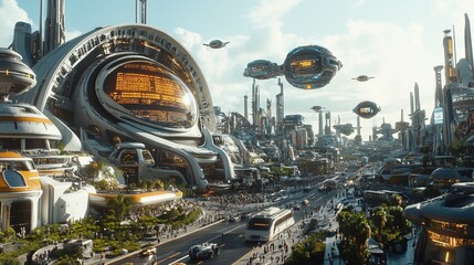 Futuristic cityscape with flying vehicles
