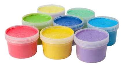 Colorful paint pots, ideal for art projects and creative activities, isolated on a white background.