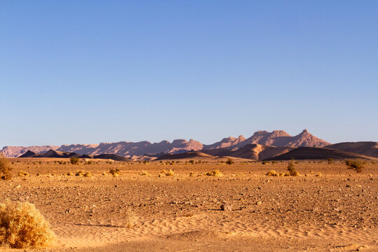 Dry flat stony desert called hamada at golden hour. Hamada desert near the town of Ouarzazate, Morocco