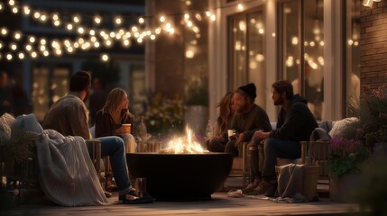 Friends gather around a cozy fire pit on a warm evening under string lights in a backyard setting