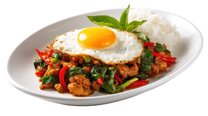 Delicious fried egg with spicy chicken and vegetables on a plate, white isolated background.