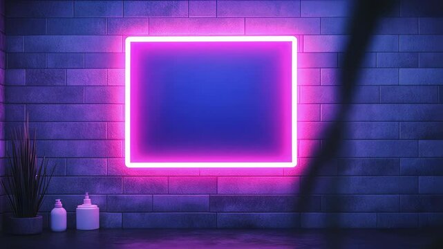 neon-lit minimalist interior with empty frame on wall