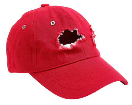 Red cap torn damaged fabric isolated transparency background casual accessory headwear fashion. Red cap with large torn hole fabric isolated transparency background showing damaged and worn casual