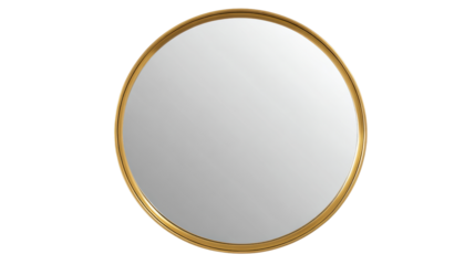 Elegant round mirror with a gold frame on a white isolated background.