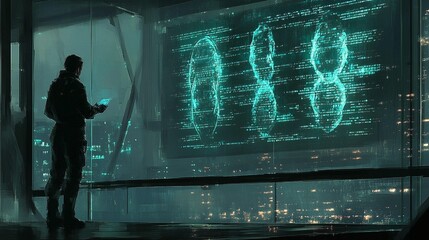 Futuristic figure views digital display
