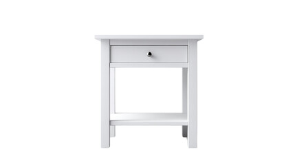 Elegant white nightstand with one drawer, isolated on a white background.
