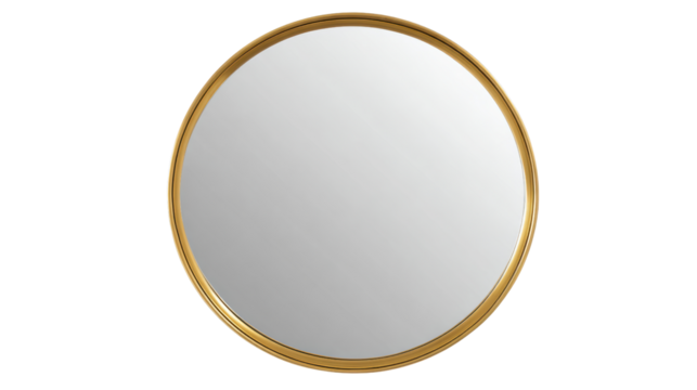 Elegant round mirror with a gold frame on a white isolated background.