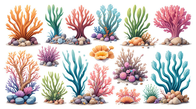 Coral reef or seaweeds vector underwater plants. Aquarium, ocean and undersea algae water life isolated on white background. Corals or sea weeds and wracks, laminaria, kelp cartoon marine icons set