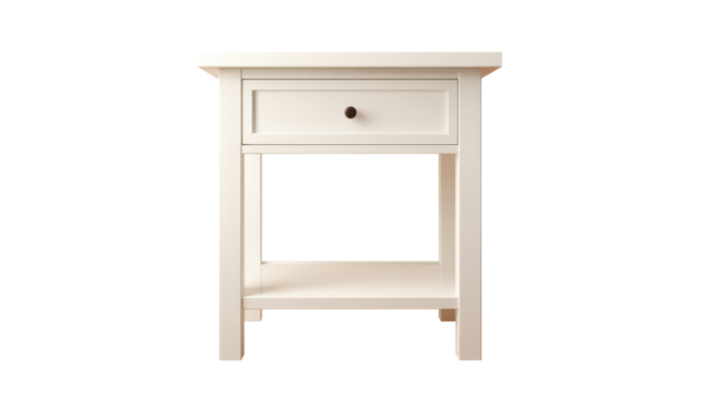 Elegant white bedside table with drawer, isolated on a white background.
