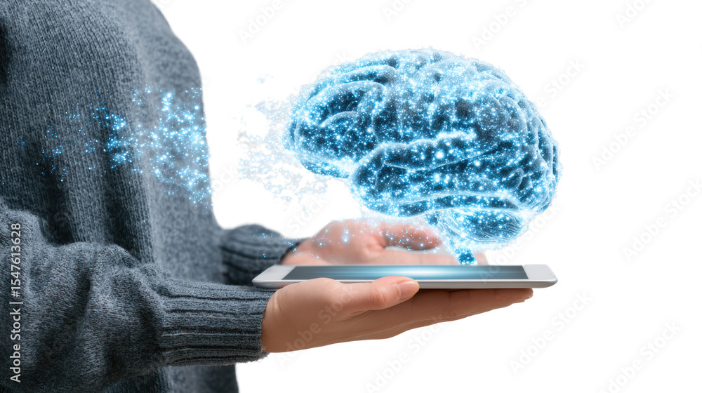 Poster hands holding tablet displaying digital brain concept, representing innovation and artificial intell