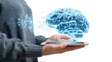 Hands holding tablet displaying digital brain concept, representing innovation and artificial intelligence.