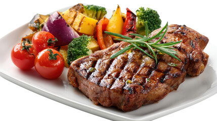 Grilled steak with vegetables on a plate, white isolate background.
