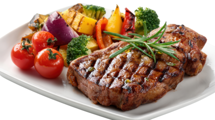 Grilled steak with vegetables on a plate, white isolate background.