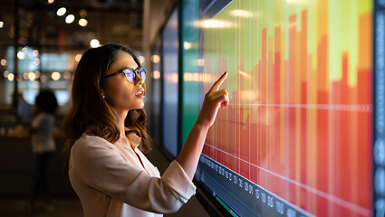 Young businesswoman analyzing financial data on large touchscreen display in modern office