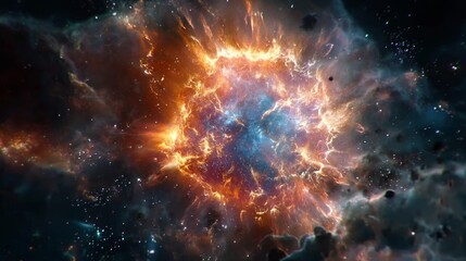 Naklejka premium Cosmic Nebula Explosion: Vibrant Orange and Blue Glowing Nebula in Dark Space