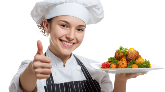 Happy chef presenting a delicious dish while giving a thumbs up, white isolated background.