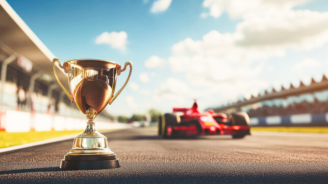 Golden cup trophy standing on the track at Formula 1 red racing car. F1 constructors championship, world champion, Grand prix winner. F1 red car with golden prize for the first place
