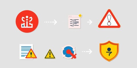 Simple flat vector icons depicting risk management, insurance, process, project warning, protection, and safety,  strategy,  threat