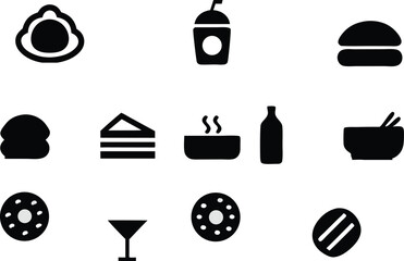 Food and drink icon set. Containing burger, soda, bread, cocktail, pizza, beer, apple, coffee, water and more. Solid vector icons collection.
