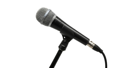A microphone is centered, poised for sound, with its stand against a stark, clean backdrop.