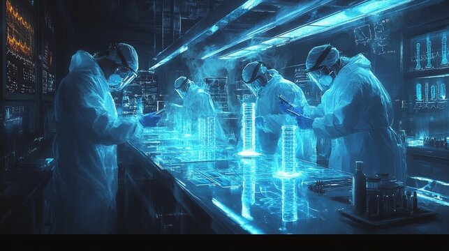 Futuristic laboratory scene with scientists - Powered by Adobe