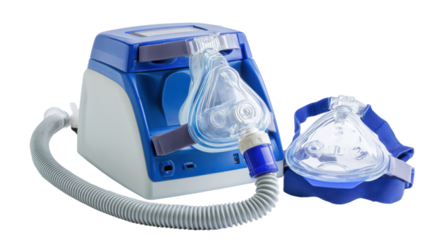 Medical CPAP machine with mask, white isolated background.