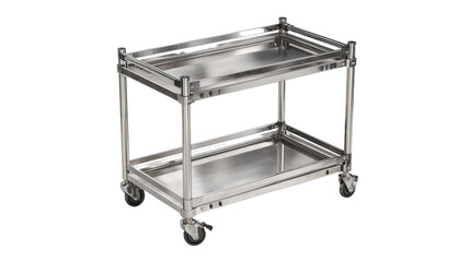 Metal service cart with wheels and two shelves, ideal for transporting items in various settings.