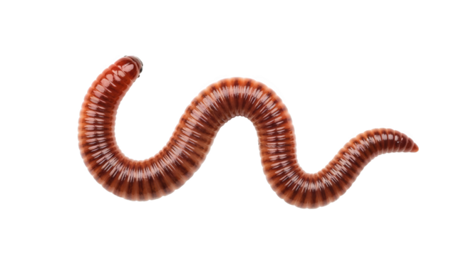 A glistening earthworm writhes with segmented body presented against a transparent background.