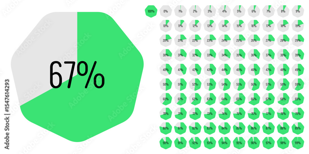 Poster set of heptagon percentage diagrams meters from 0 to 100 ready-to-use for web design, user interface