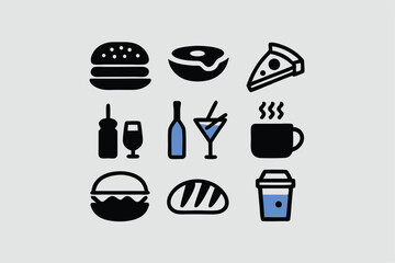 Food and drink icon set. Containing burger, soda, bread, cocktail, pizza, beer, apple, coffee, water and more. Solid vector icons collection.