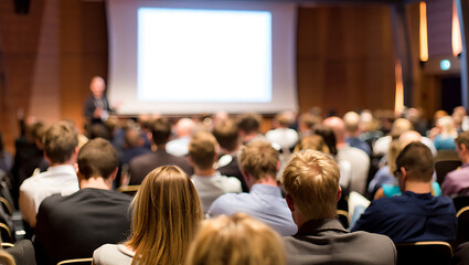 Obraz premium Large audience attentively listening to a presentation in a conference hall