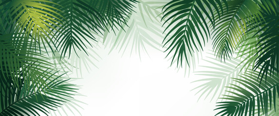 Abstract tropical background with palm branches, green leaves of different tones with silhouette contours.