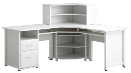 Modern white corner desk with shelves and drawers, perfect for home office use.